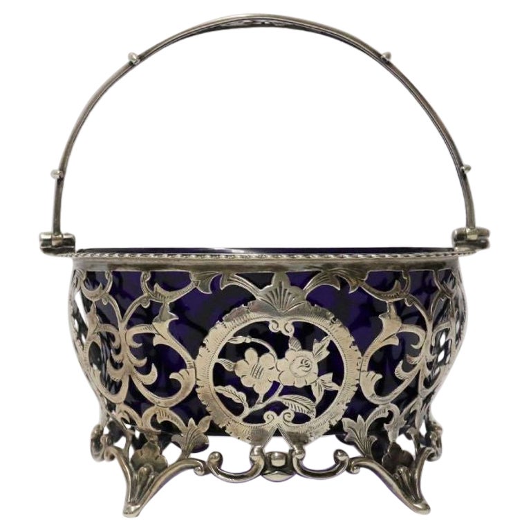 English Edwardian Silver Sugar Basket with Original Blue Glass Liner 1902,  3 For Sale at 1stDibs