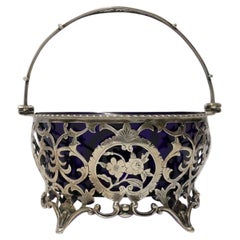 English Edwardian Silver Sugar Basket with Original Blue Glass Liner 1902, 3