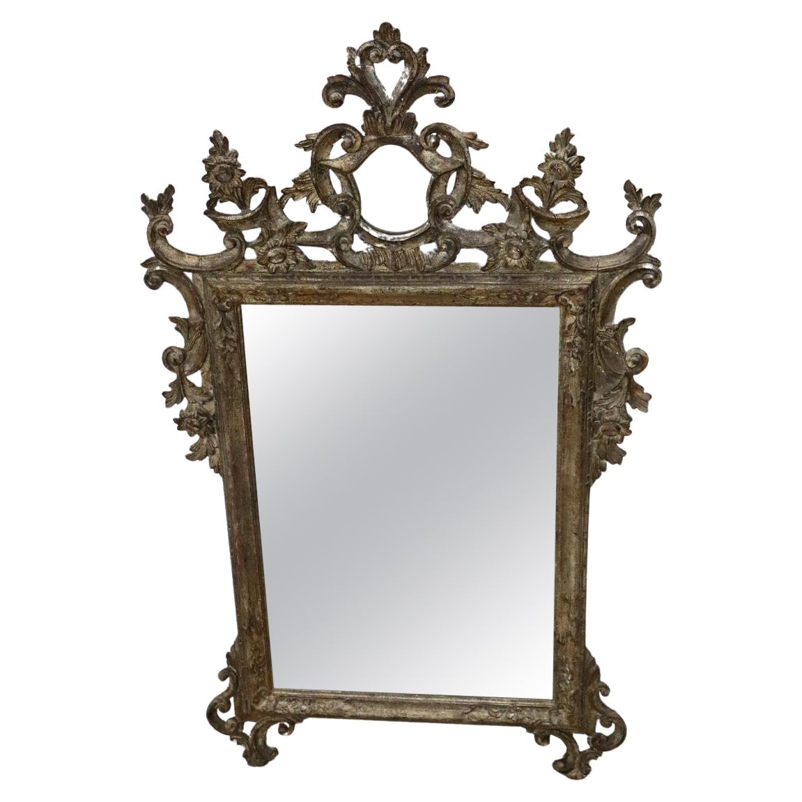 Early 20th Century Italian Louis XV Style Carved and Silvered Wood Wall Mirror
