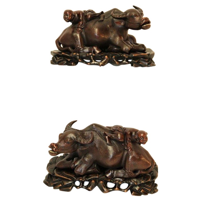 19th Century Pair of Chinese Carved Hardwood Water Buffalos on Stands For Sale