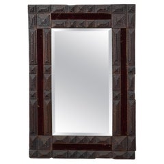 French Turn of the Century Tramp Art Wall Mirror with Brown Patina, circa 1900