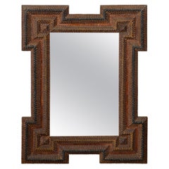 French Turn of the Century Hand Carved Wood Tramp Art Mirror with Dark Patina