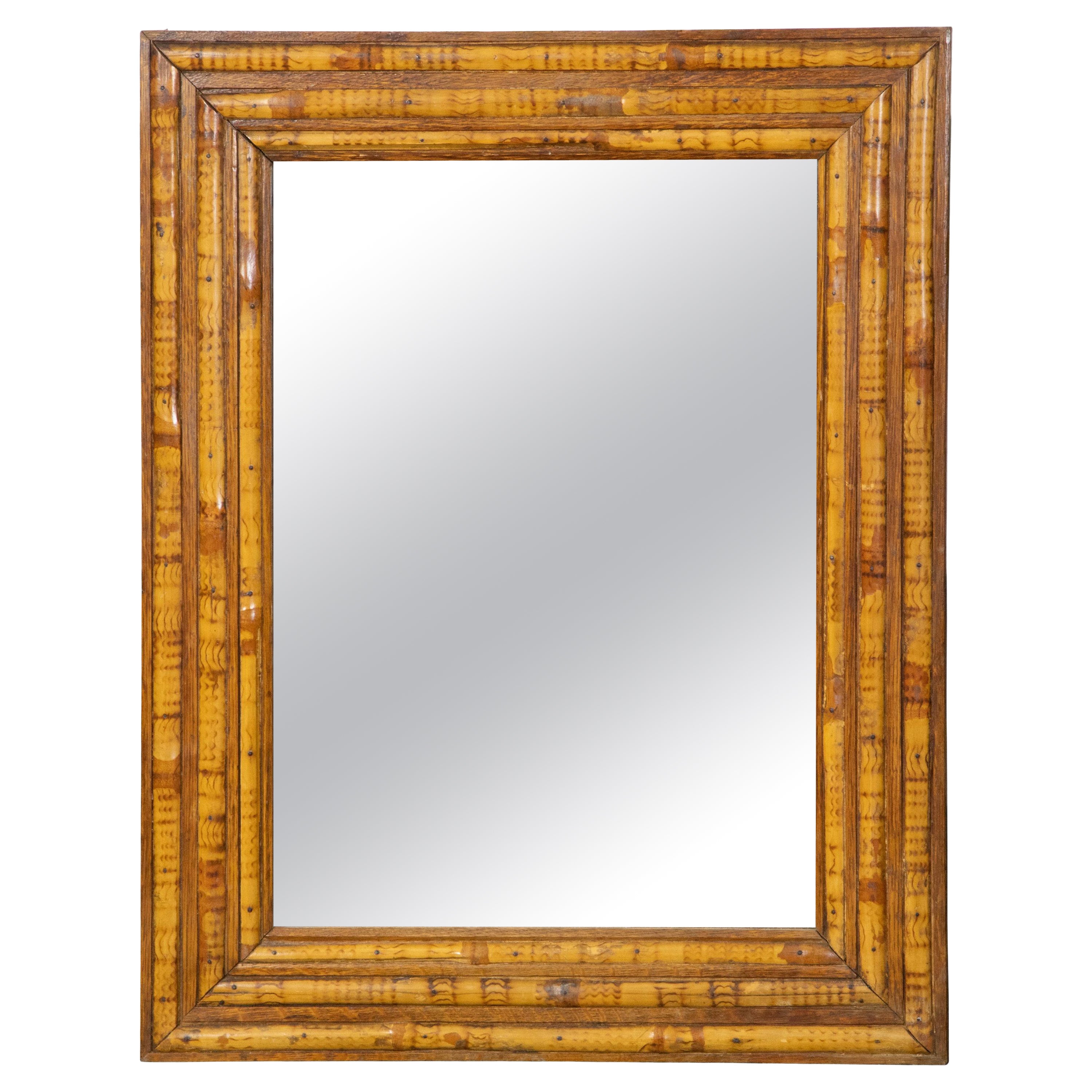 English Midcentury Bamboo and Wood Wall Mirror with Alternating Design For Sale