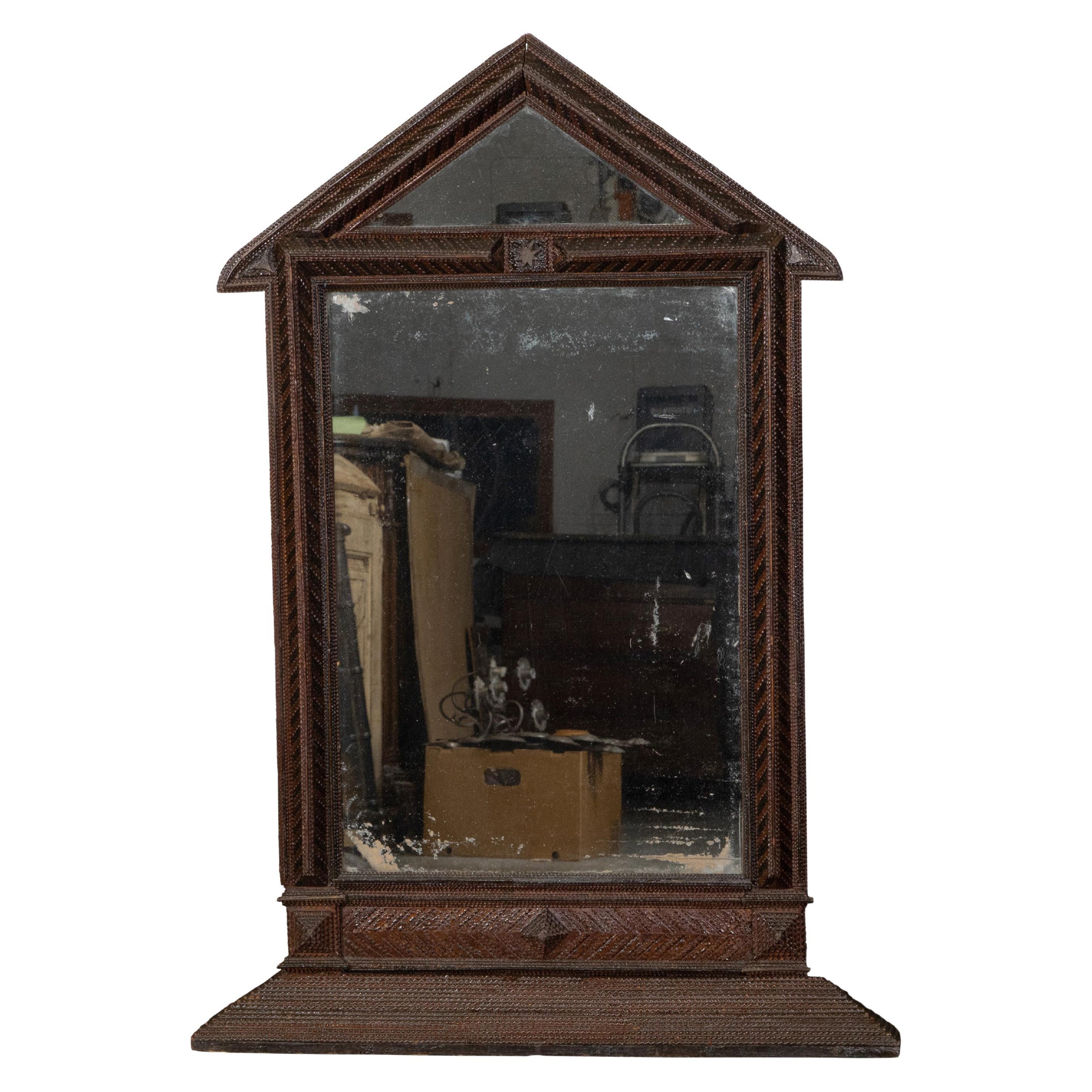 French Turn of the Century Tramp Art Mirror with Triangular Pediment, circa 1900 For Sale