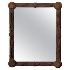 French Turn of the Century Tramp Art Hand Carved Mirror with Rounded Corners
