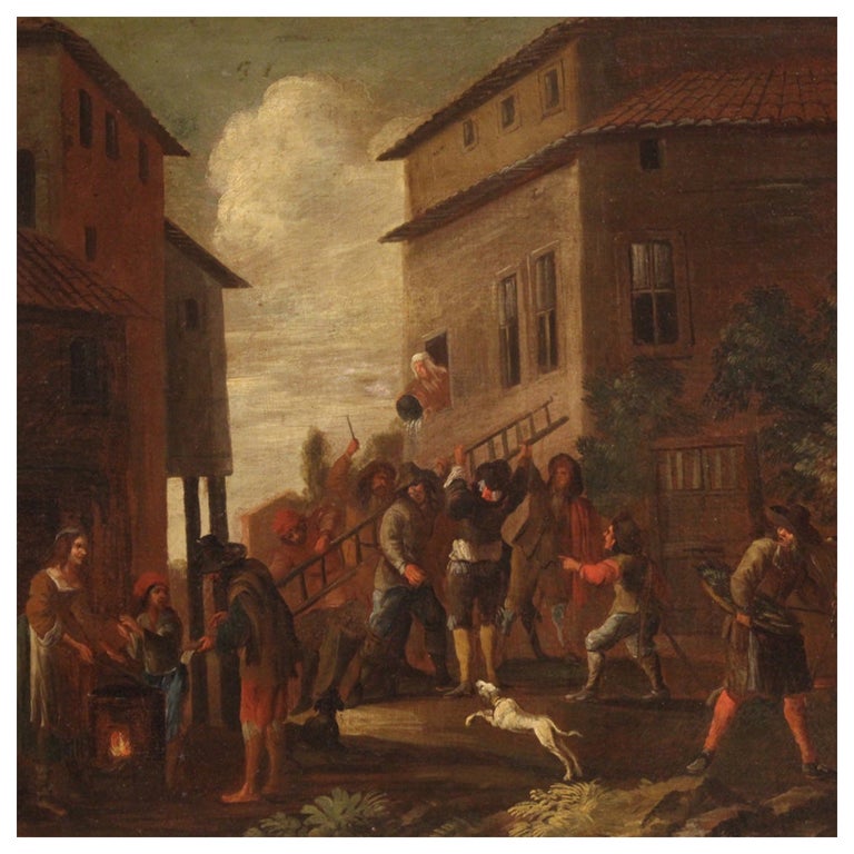 18th Century Oil on Canvas Italian Antique Painting Genre Scene, 1750 For Sale
