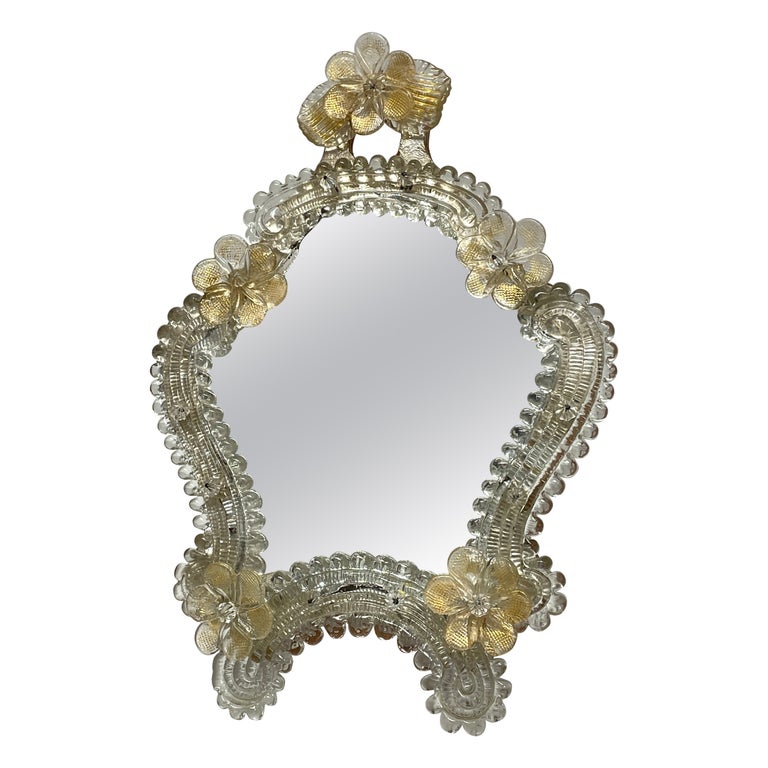 Murano Glass Vanity Mirror with Gold Flake Flowers 1950s Italy