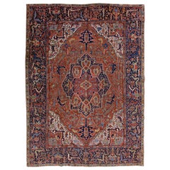  Antique Persian Heriz Handmade Rust Wool Rug with Medallion Design