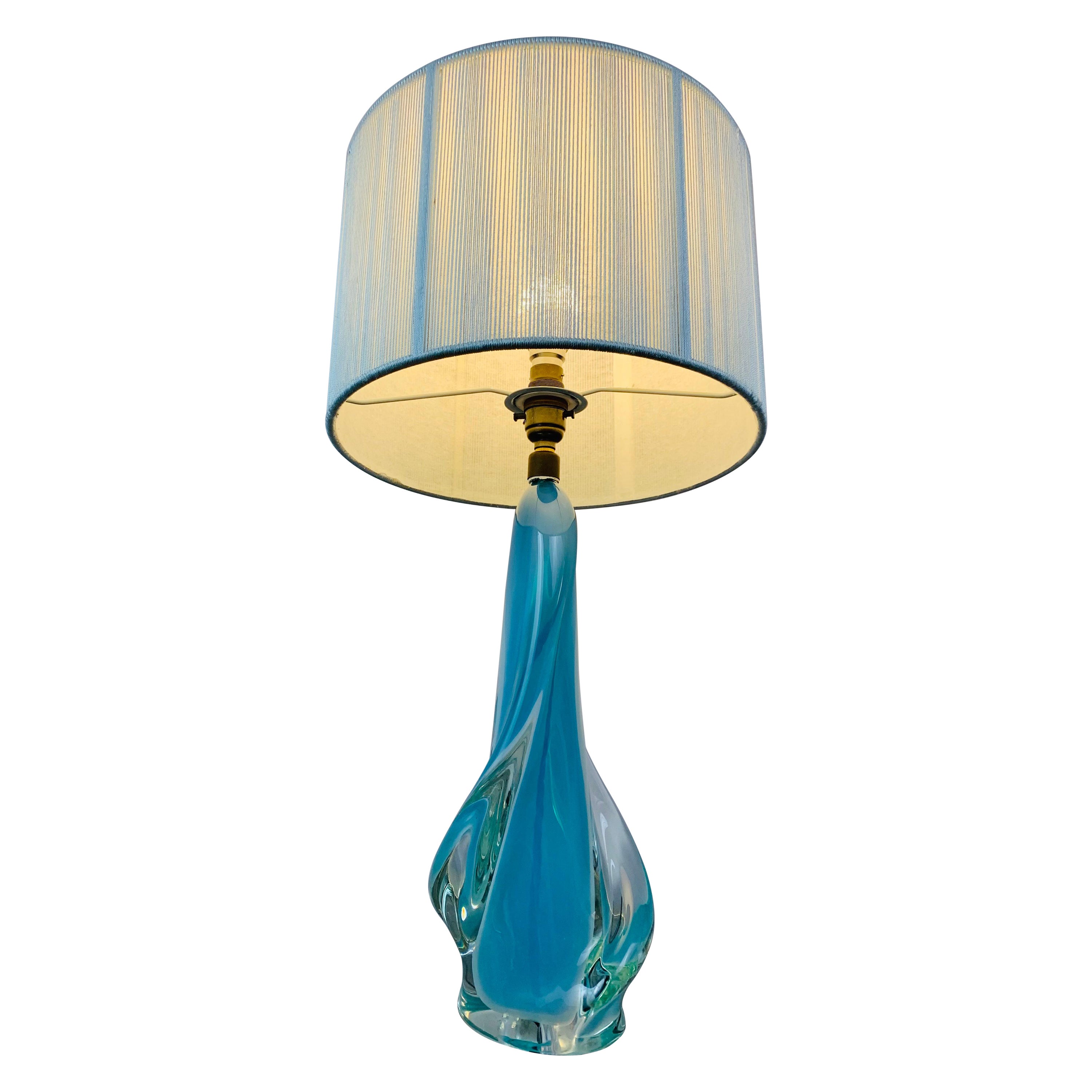 1950s Val Saint Lambert Opalescent Turquoise & Clear Crystal Glass Table Lamp