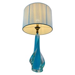 Vintage 1950s Val Saint Lambert Opalescent Turquoise & Clear Crystal Glass Table Lamp