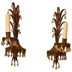 Wonderful Pair Maison Baguès Crystal Beaded Gilt Tole Glass Leaf Spray Sconces