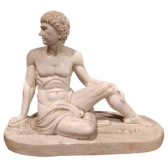 Large Old Full-Length Sculpture Male Sitting in White Marble, 1930 Italy