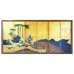 Edo, Japanese Folding Screen, Six Panels Hand Painted Un Gold Leaf