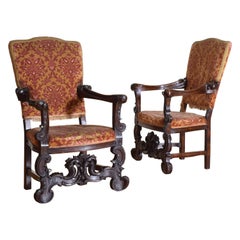 Pair Italian, Venezia, Rococo Style Carved Walnut & Upholstered Armchairs, 19thc