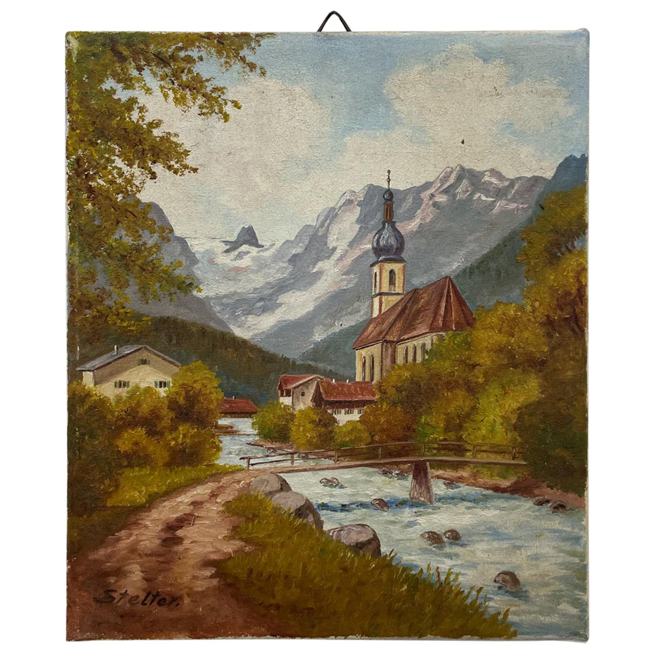 Vintage German Painting Small Oil on Canvas Scenic Landscape by Stelter, 1950s
