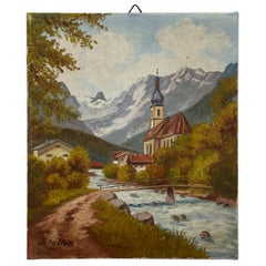 1950s Vintage German Painting Small Oil on Canvas Scenic Landscape by Stelter