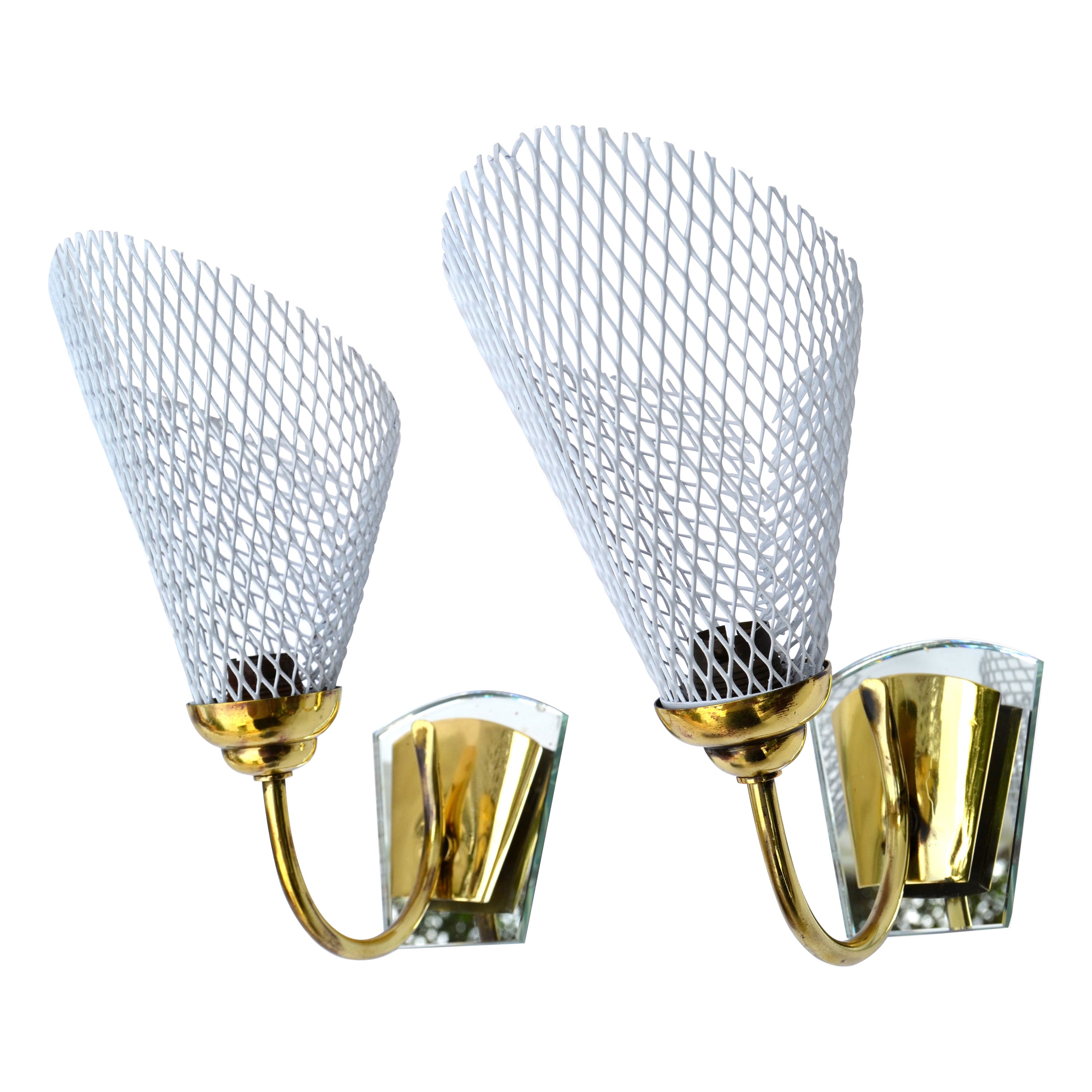Mathieu Matégot Sconces Brass, Mirror & White Metal Mesh Shades Wall Lamps, Pair For Sale