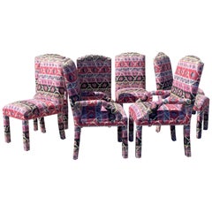 Set of 8 Pink and Black Bohemian Ikat Print Upholstered Dining Chairs