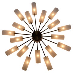 Vintage Large Sputnik Chandelier, Brass and Frosted Glass, 1950s Italy