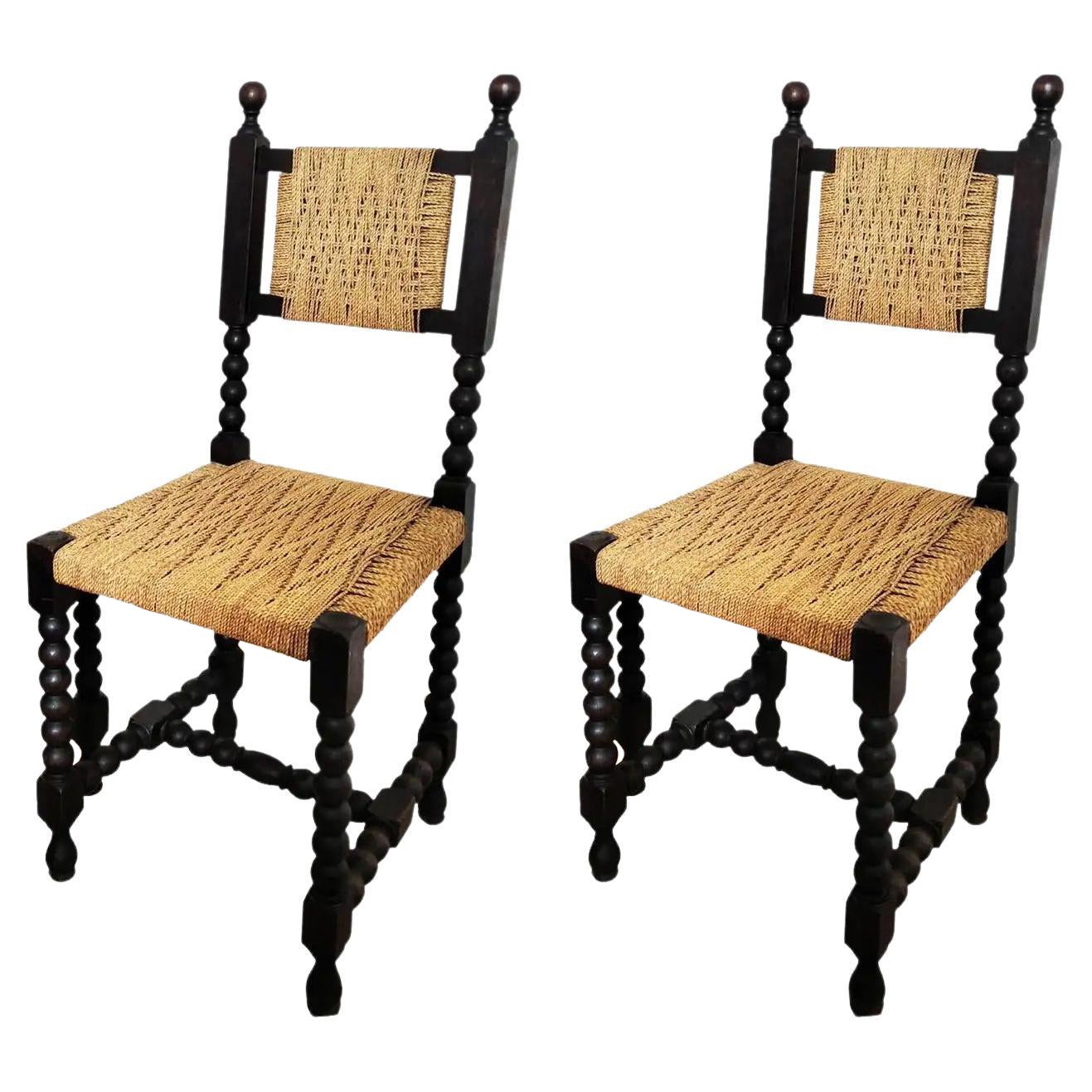 Chairs in Turned Oak Wood and Interwoven Rope. Spain 19th or Early