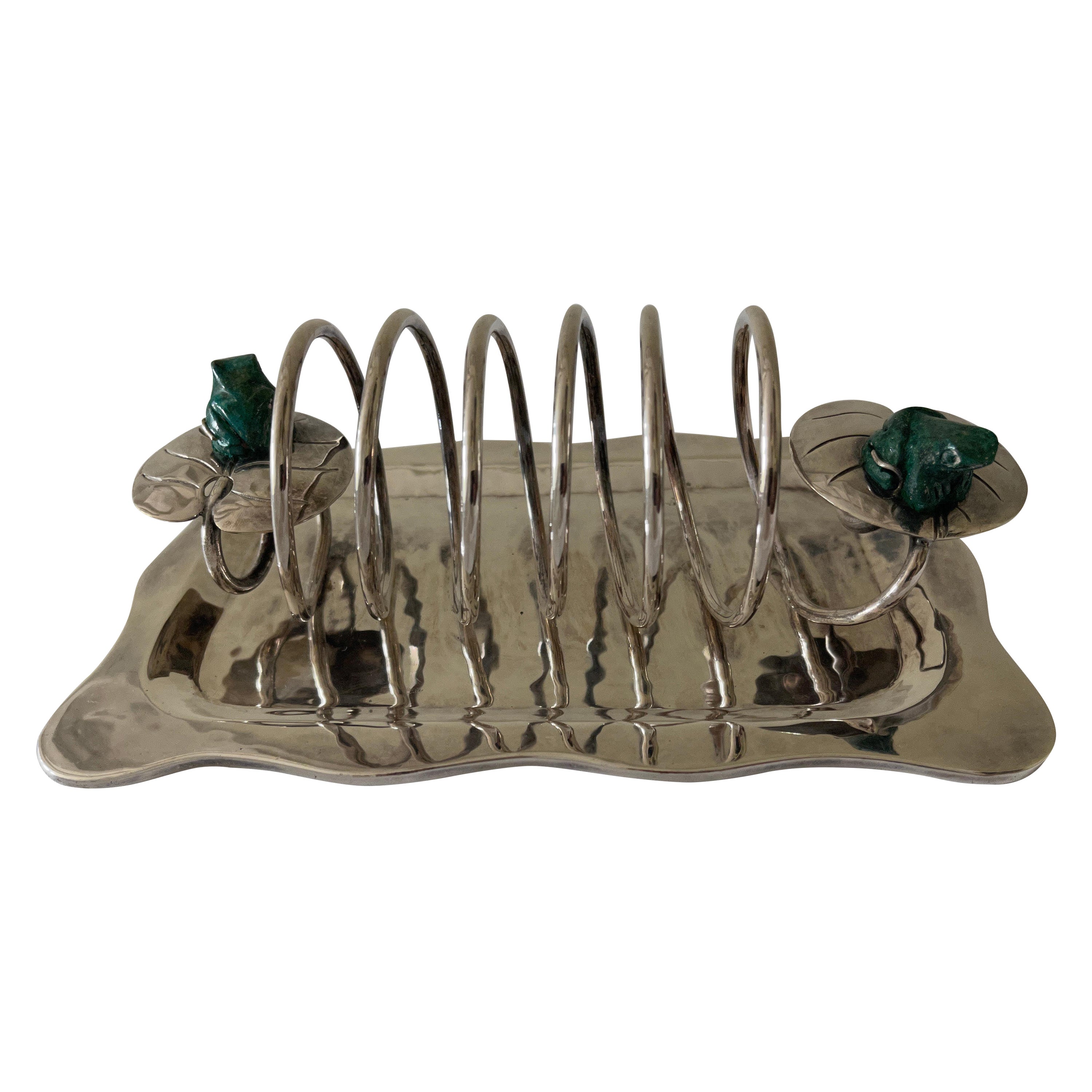Emilia Castillo Mexican Silver Plate Toast Rack with Malachite Frogs on Lily Pad