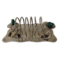 Emilia Castillo Mexican Silver Plate Toast Rack with Malachite Frogs on Lily Pad