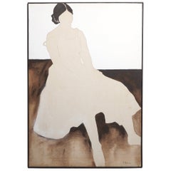 Large Mid-Century Modern Painting of Seated Woman in Silhouette, Signed
