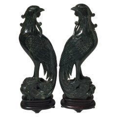 Pair of Hand Carved Spinach Jade Phoenix Bird Figures with Wood Stands