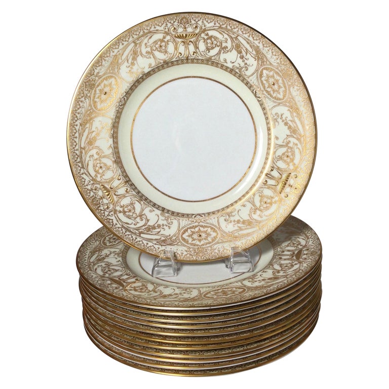 Set of 12 English Raised Gilt Porcelain Dinner Service Plates For Sale