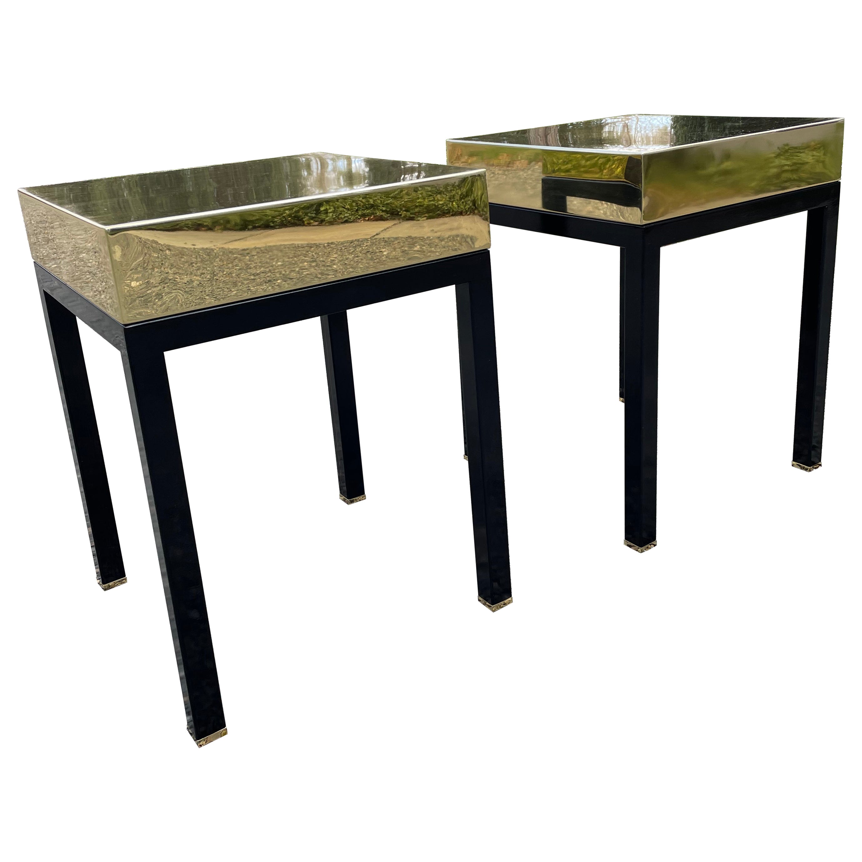 Glam Pair of Sleek Modernist Brass & Ebonized Wood End Tables