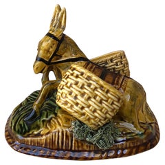 19th French Majolica Donkey with Baskets Saltcellar