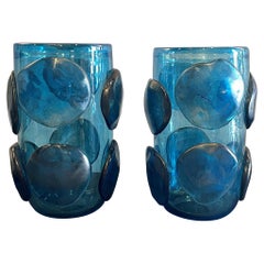 Pair of Mid-Century Modern Costantini Blue Murano Glass Italian Vases