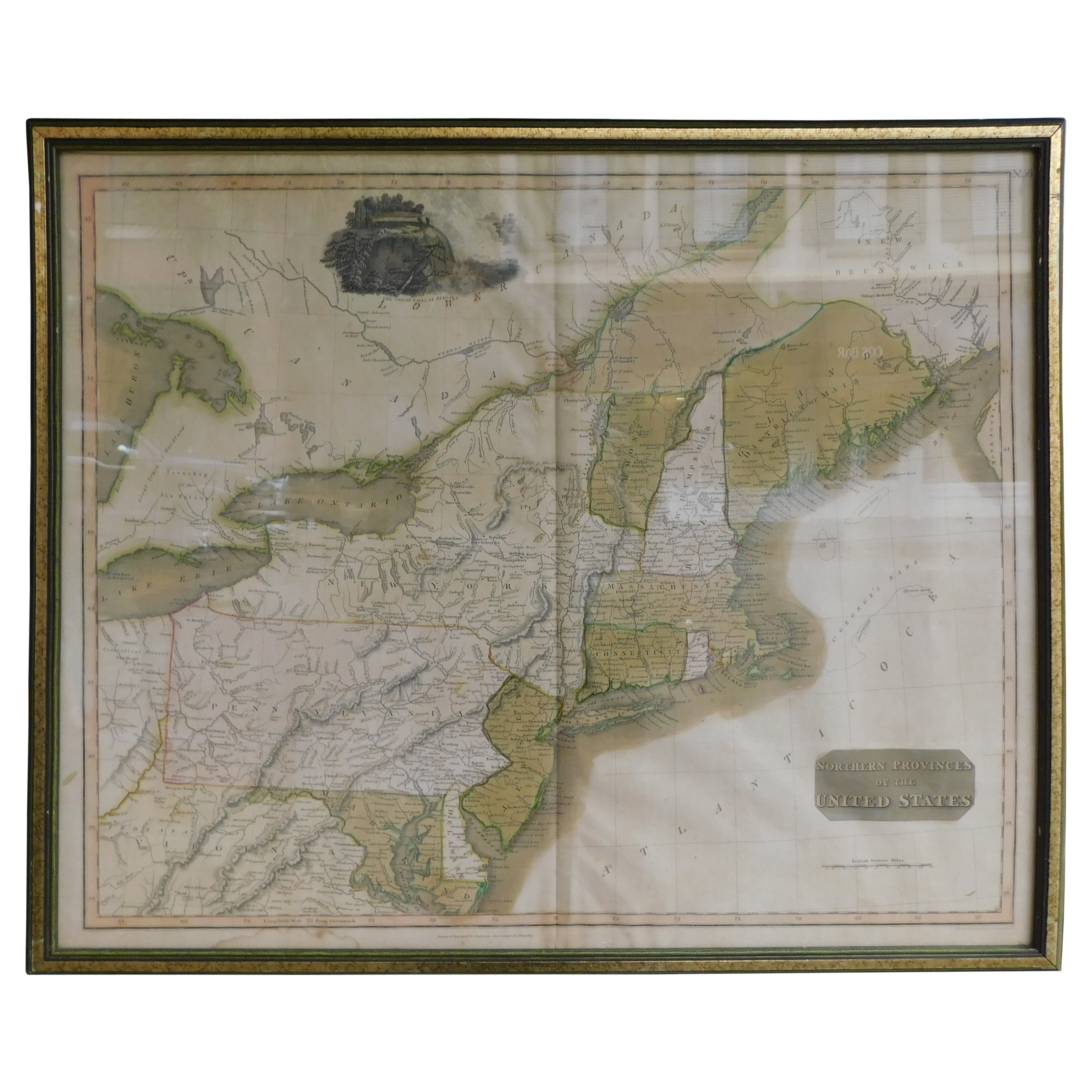 Englische, handkolorierte englische Karte des Nordosten der Vereinigten Staaten mit Gravur, um 1817