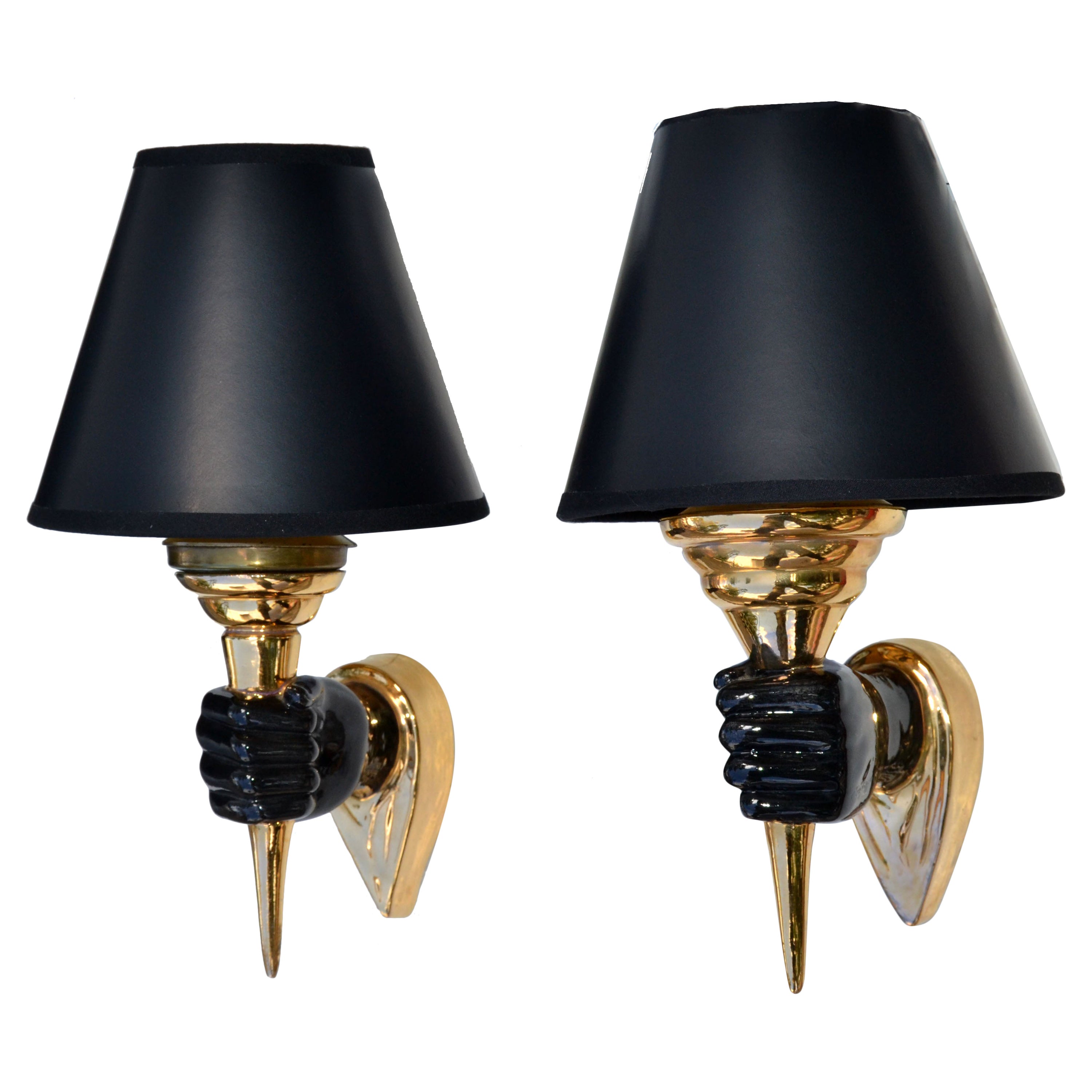 Pair of Ceramic Black & Gold French Hand Sconces Wall Lights Mid-Century Modern