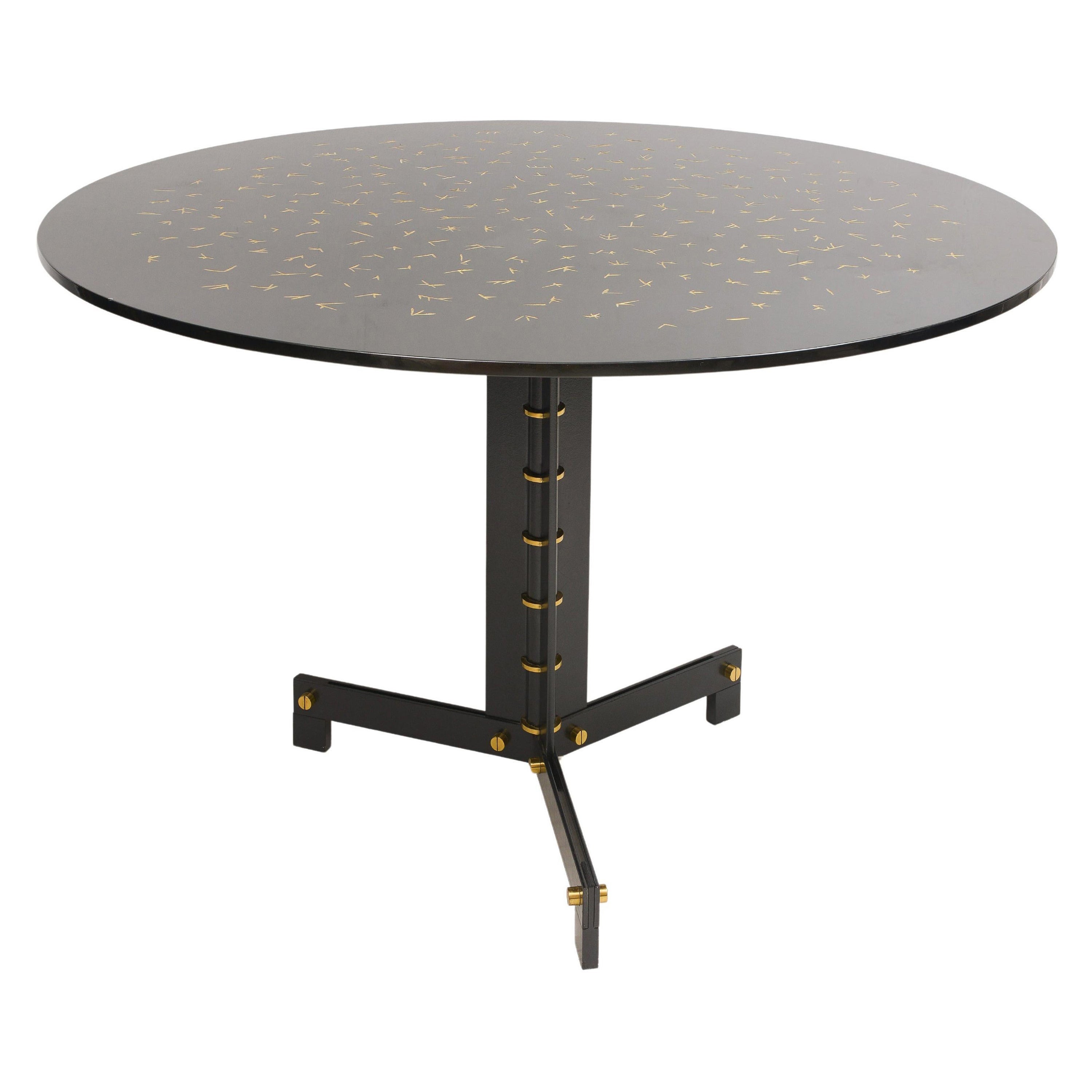Unusual Bespoke Black Lacquered Circular Table on Steel and Brass Base For Sale