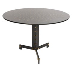 Unusual Bespoke Black Lacquered Circular Table on Steel and Brass Base