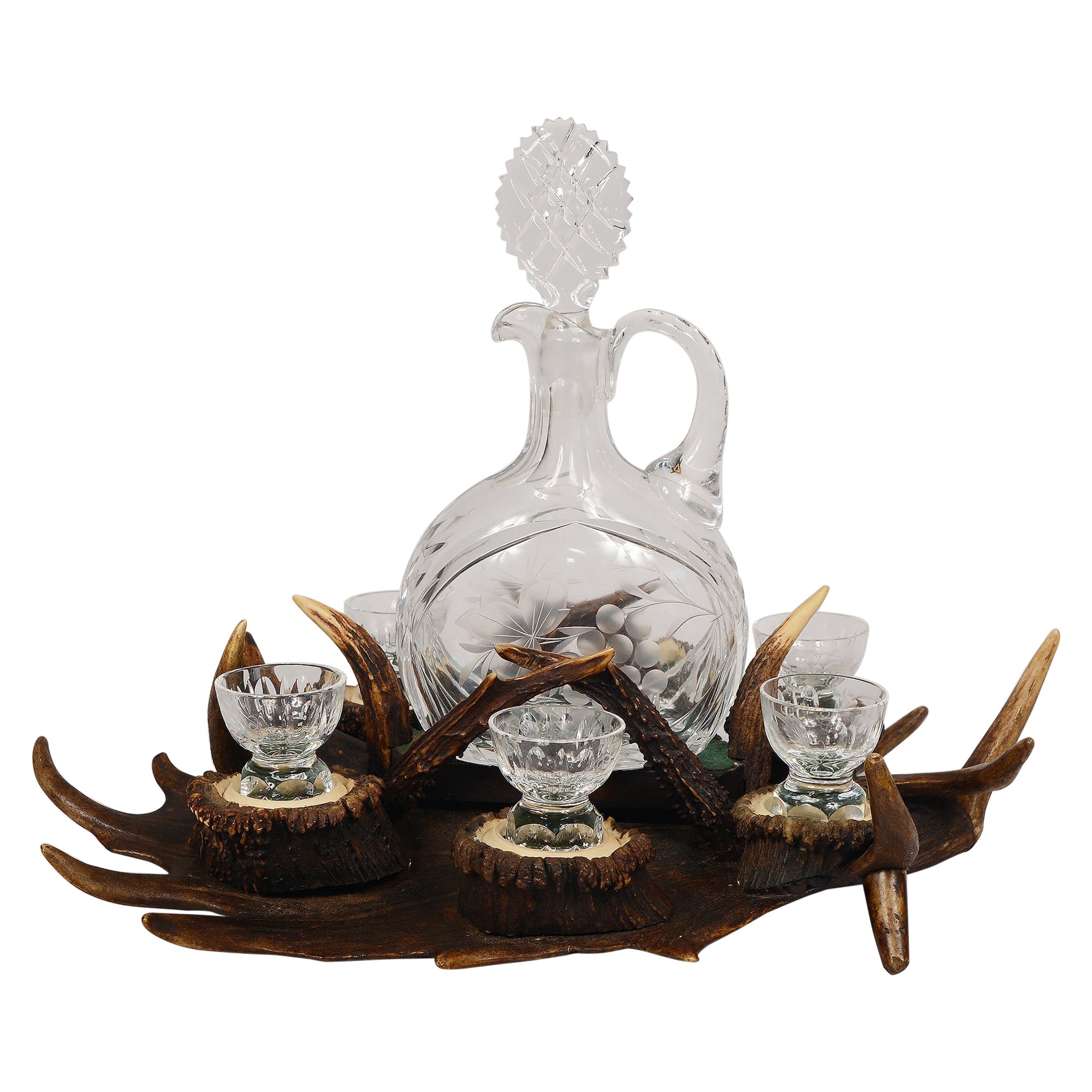 German Black Forest Antler Tray with Decanter and Glasses For Sale
