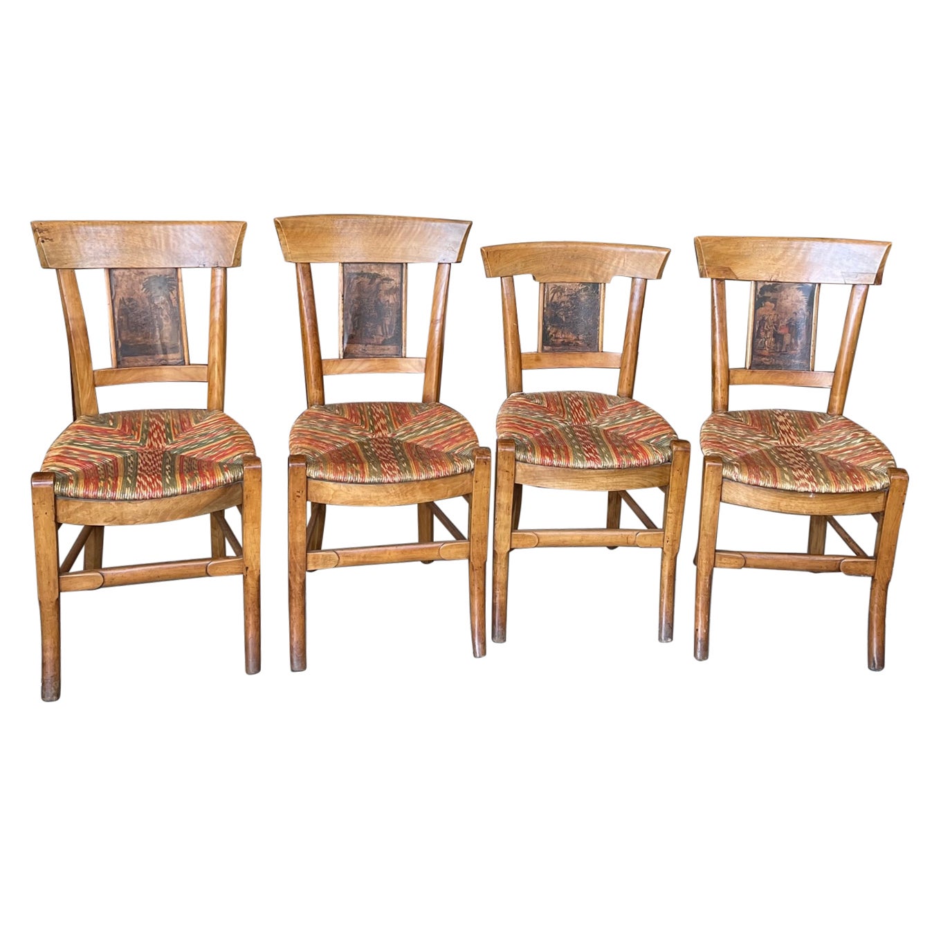 2 French 19th Century Fruitwood Les Incas Side Chairs with Original Rush Seats For Sale 1