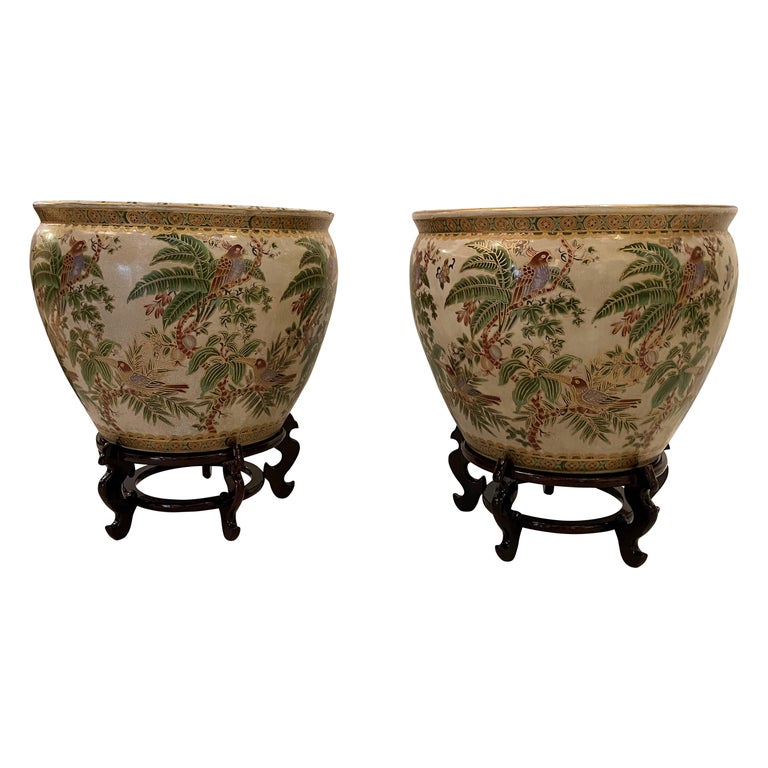 Large Tropical Pair of Porcelain Chinese Fishbowl Planters For Sale at