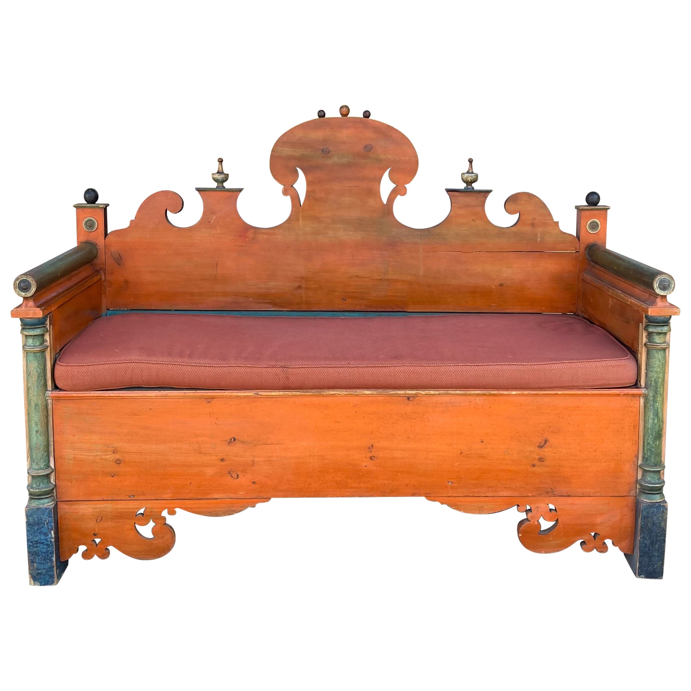 Early 20th-C. Swedish Rustic Painted Pine Bench or Settee with Storage For Sale