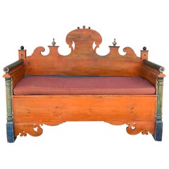 Antique Early 20th-C. Swedish Rustic Painted Pine Bench or Settee with Storage