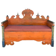 Vintage Early 20th-C. Swedish Rustic Painted Pine Bench or Settee with Storage