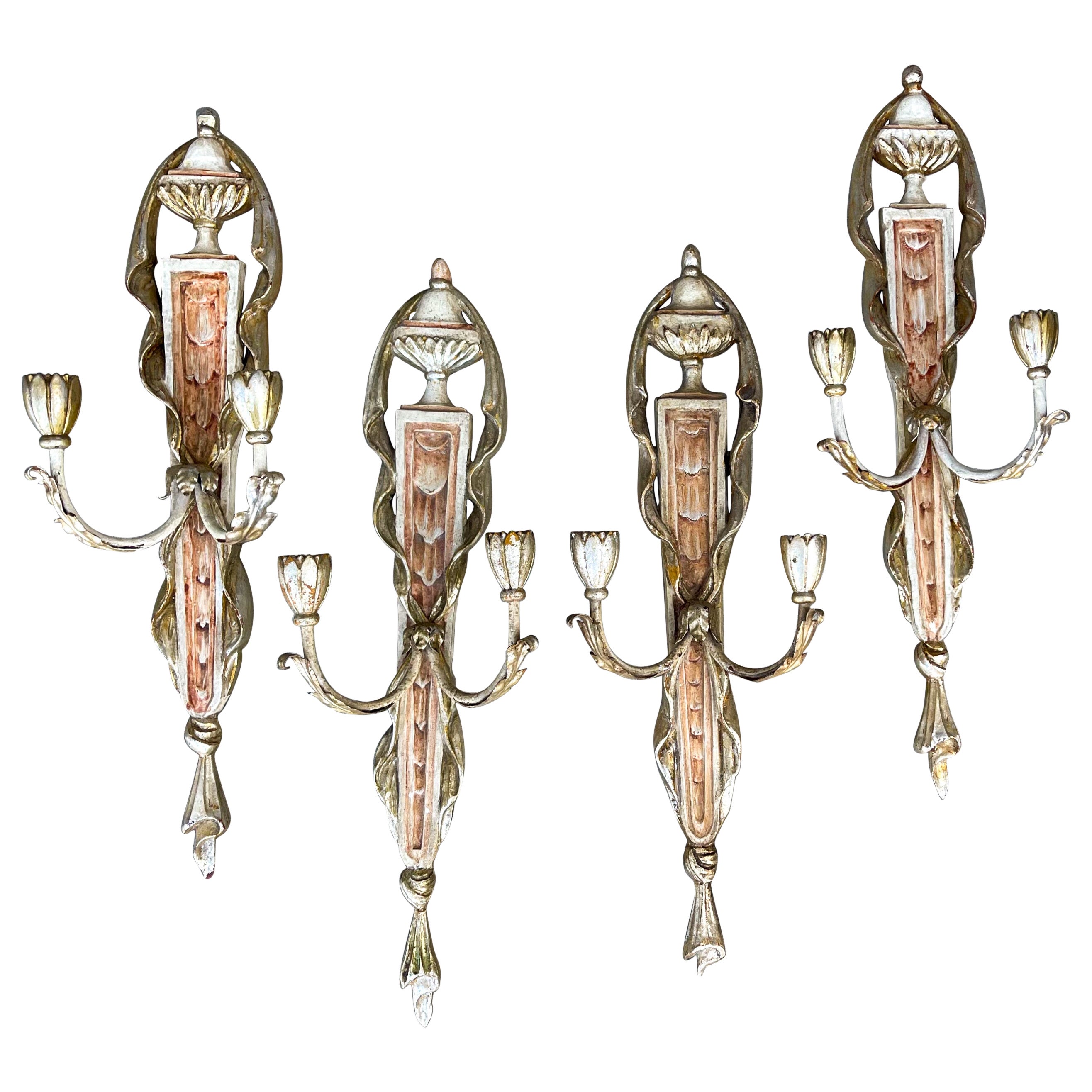 Italian Neo-Classical Style Painted Silver Gilt Tole Trompe-L’Oeil Sconces, S/4 For Sale