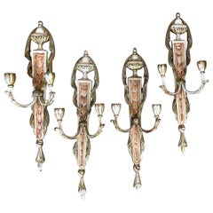 Italian Neo-Classical Style Painted Silver Gilt Tole Trompe-L’Oeil Sconces, S/4