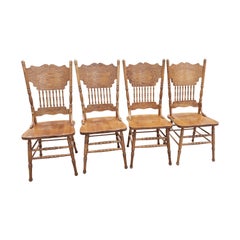 Vintage Amish Oak Country Pressed Back Spindle Chairs, a Set of 4