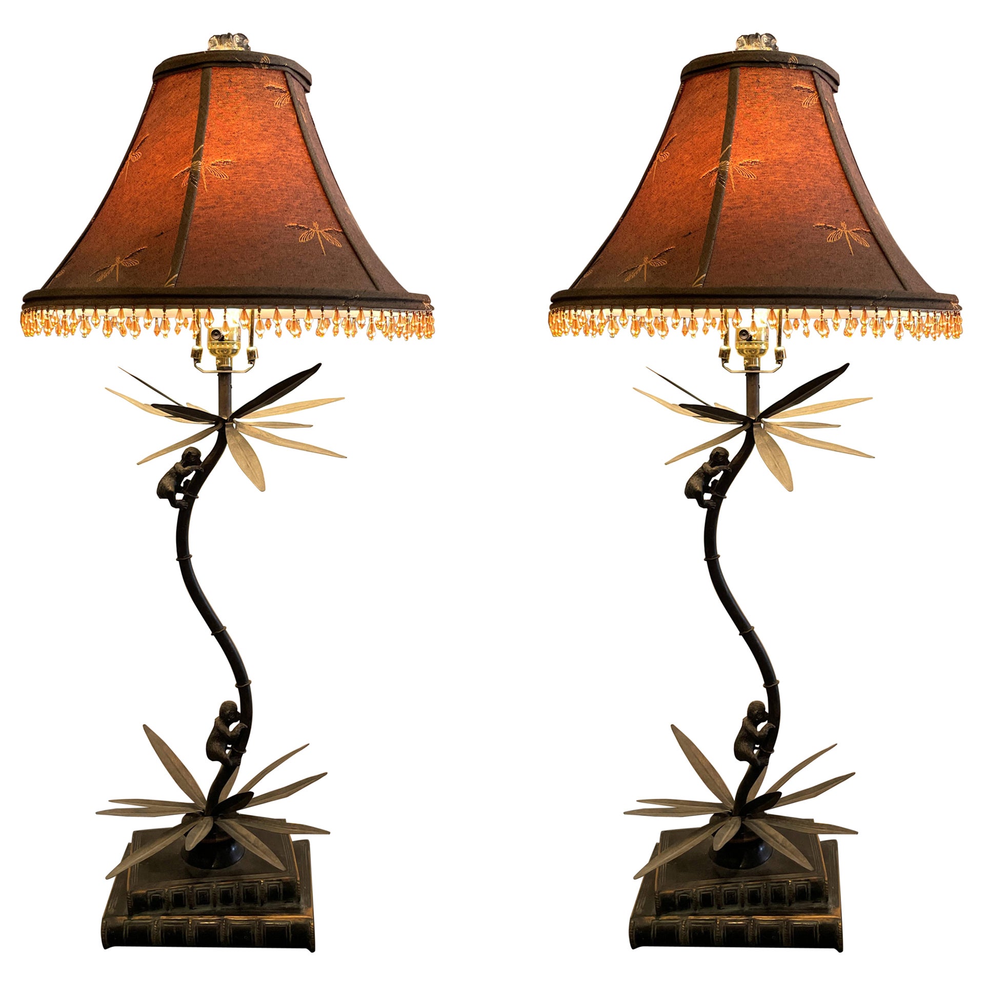 Pair of Maitland Smith Monkeys Climbing Palm Tree Bronze Lamps