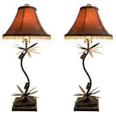 Pair of Maitland Smith Monkeys Climbing Palm Tree Bronze Lamps