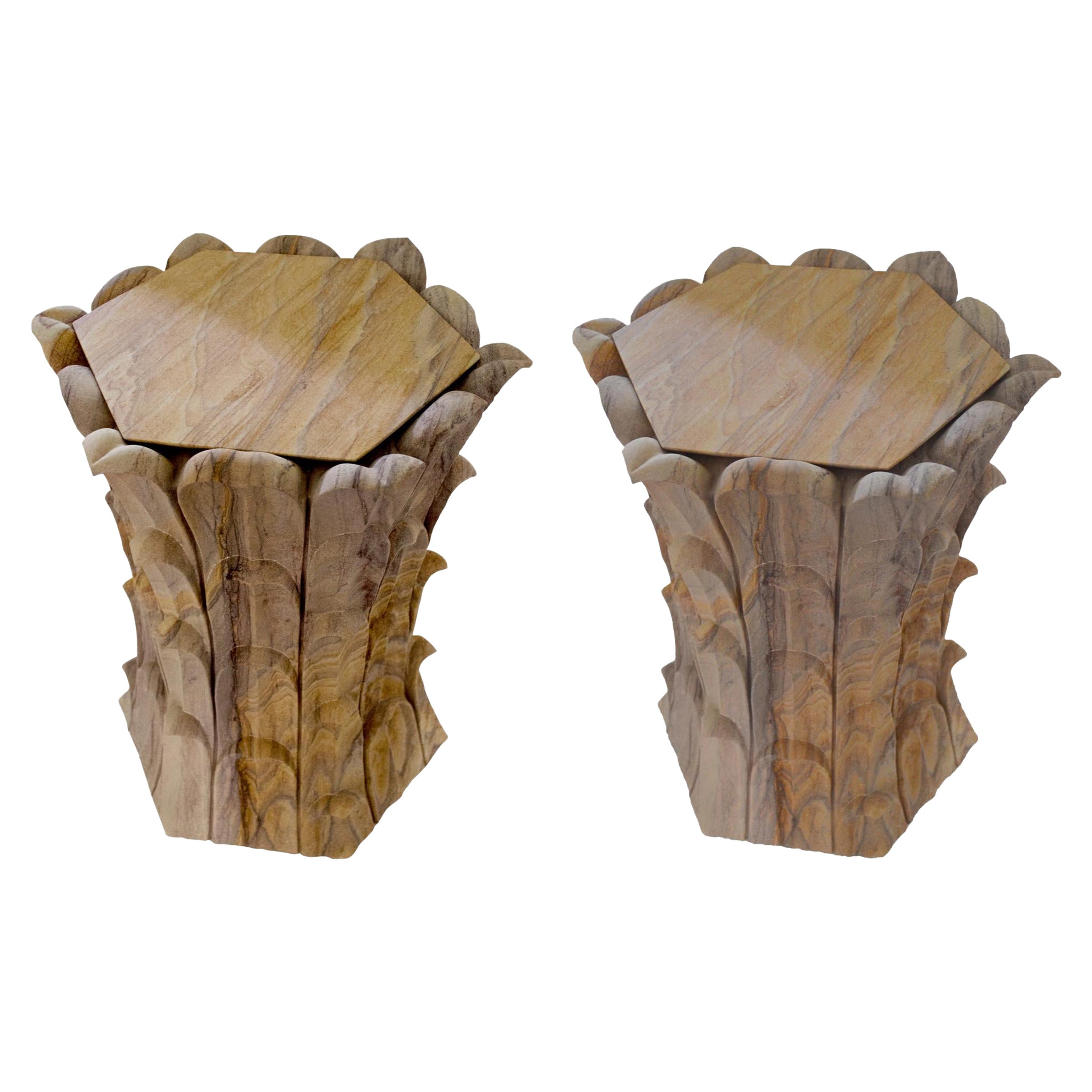 Set of Two Bamboo Grove Side Tables Rainbow Teakwood Stone Handcrafted in India For Sale