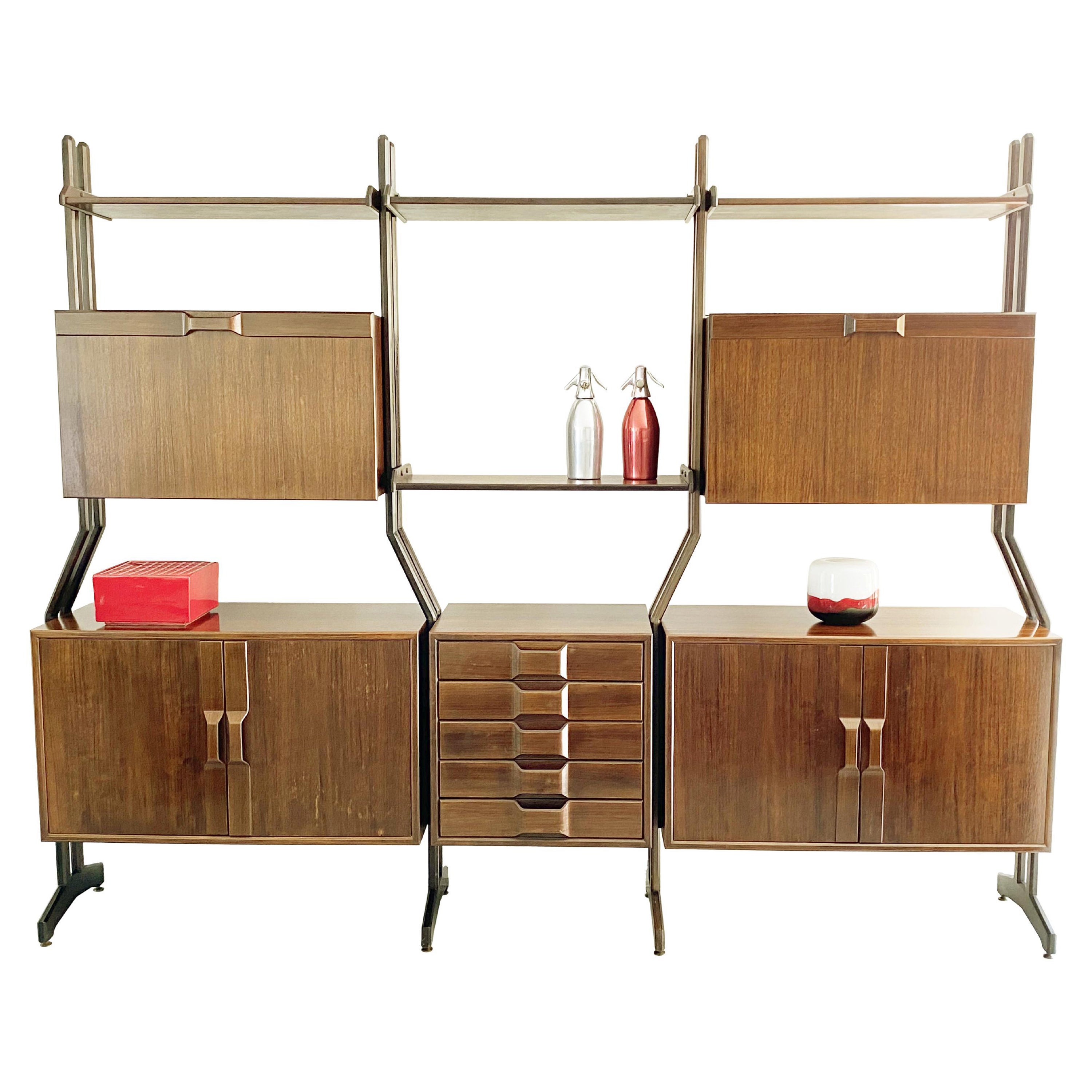 Vintage Italian Wood & Brass Mid-Century Modern Free-Standing Bookcase For Sale
