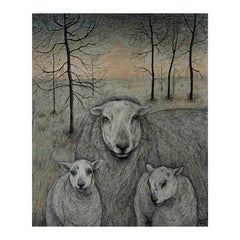 technique mixte sur papier « Woosh Artist » de Seren Bell, agneaux jumeaux